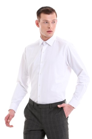 Beyaz Klasik Fit Desenli Pamuklu Slim Yaka Uzun Kollu Klasik Gömlek - Thumbnail