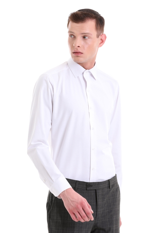 Beyaz Klasik Fit Desenli Pamuklu Slim Yaka Uzun Kollu Klasik Gömlek - Thumbnail (3)