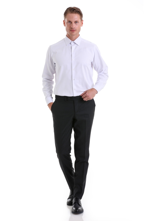 Beyaz Klasik Fit Desenli Pamuklu Slim Yaka Uzun Kollu Klasik Gömlek - Thumbnail (1)