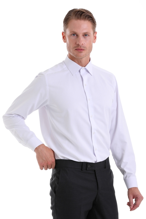 Beyaz Klasik Fit Desenli Pamuklu Slim Yaka Uzun Kollu Klasik Gömlek - Thumbnail (2)