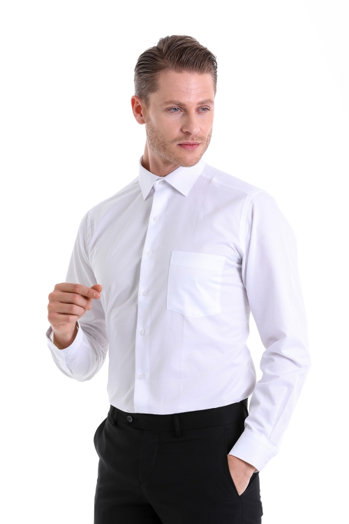 Beyaz Klasik Fit Desenli Pamuklu Slim Yaka Uzun Kollu Klasik Gömlek - Thumbnail (1)