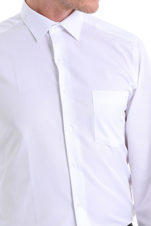 Beyaz Klasik Fit Desenli Pamuklu Slim Yaka Uzun Kollu Klasik Gömlek - Thumbnail (3)