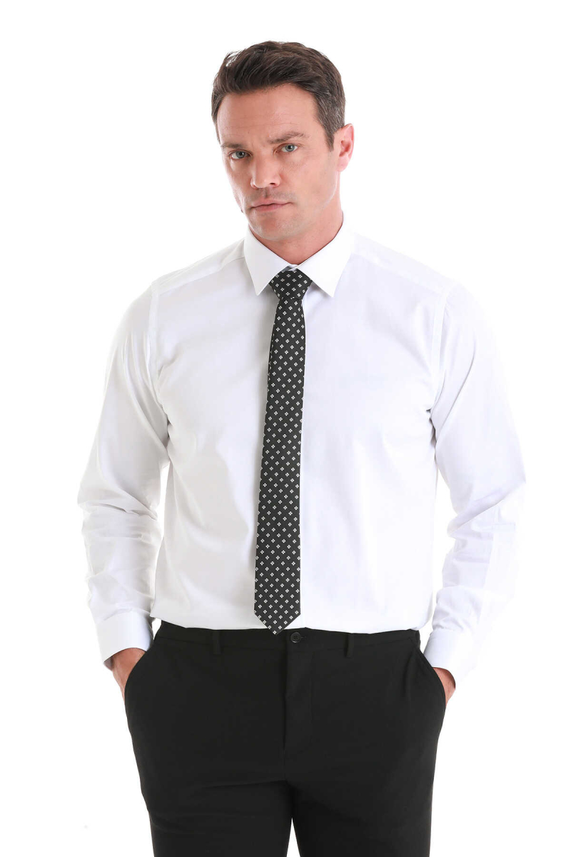 Beyaz Klasik Fit 100% Pamuk Slim Yaka Uzun Kollu Saten Gömlek - Hatem Saykı