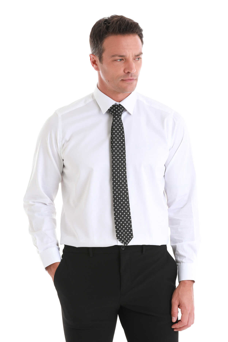 Beyaz Klasik Fit 100% Pamuk Slim Yaka Uzun Kollu Saten Gömlek - Hatem Saykı (1)