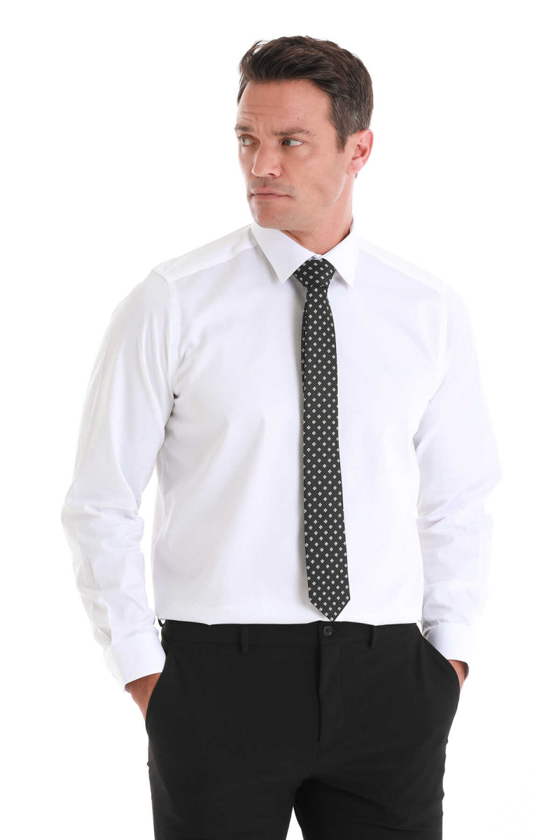 Beyaz Klasik Fit 100% Pamuk Slim Yaka Uzun Kollu Saten Gömlek - Hatem Saykı (1)