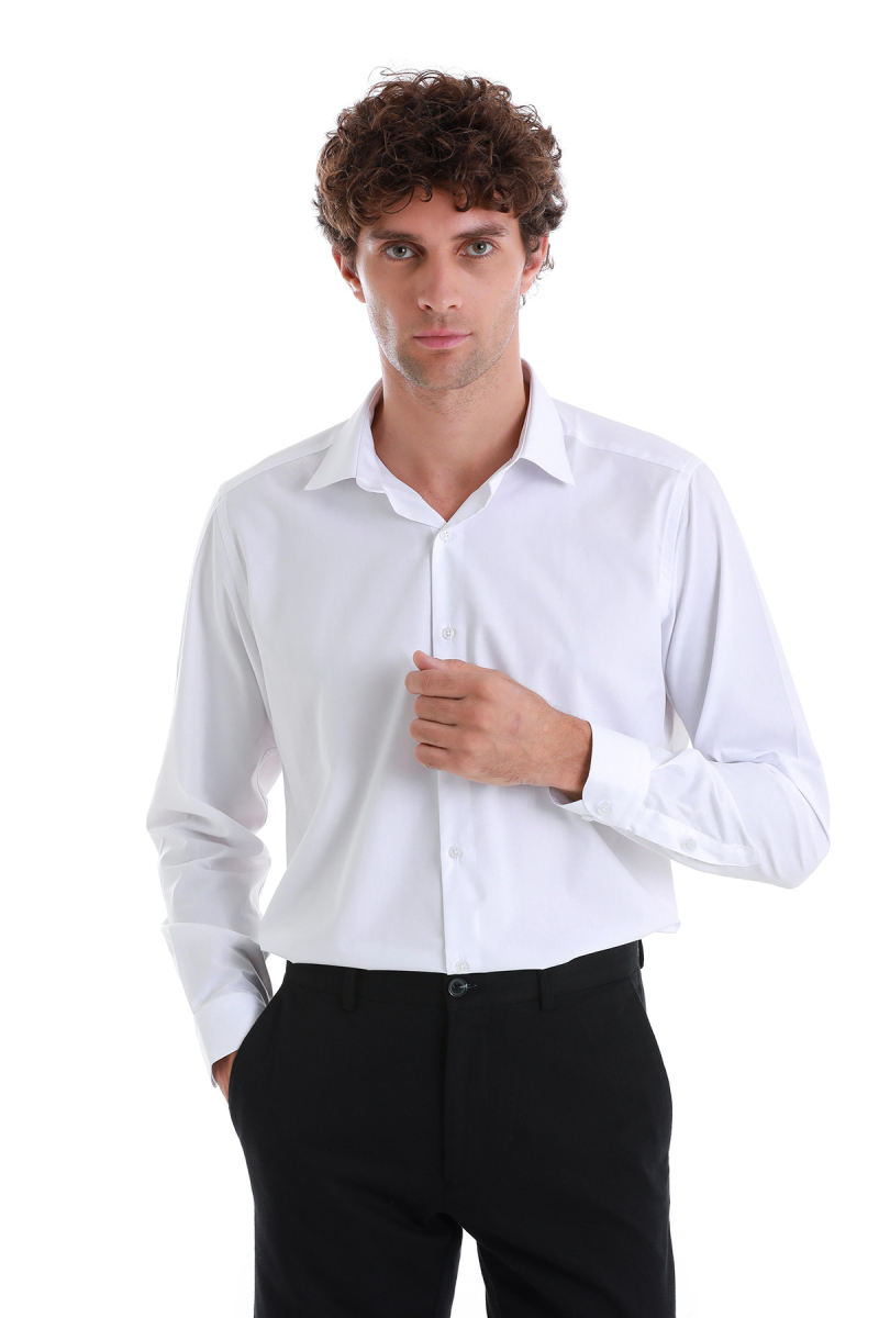 Beyaz Klasik Fit Slim Yaka Pamuklu Uzun Kollu Gömlek - Hatemoğlu