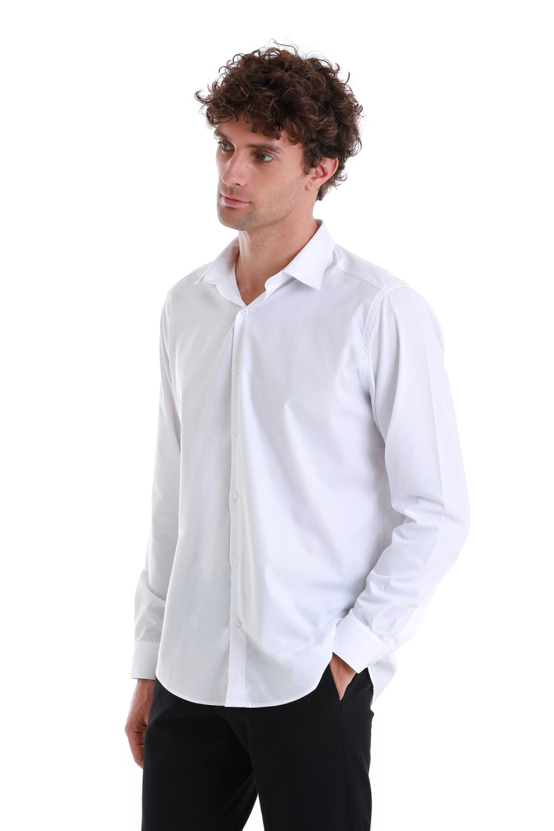 Beyaz Klasik Fit Slim Yaka Pamuklu Uzun Kollu Gömlek - Hatemoğlu (1)