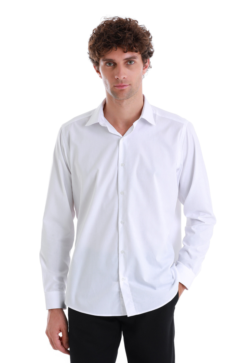 Beyaz Klasik Fit Slim Yaka Pamuklu Uzun Kollu Gömlek - Hatemoğlu (1)