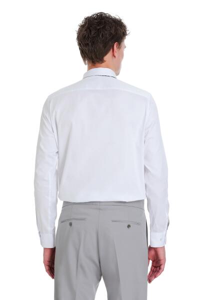Beyaz Klasik Fit Pamuklu Slim Yaka Uzun Kollu Saten Gömlek - 5