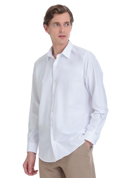 Beyaz Klasik Fit Slim Yaka Pamuklu Uzun Kollu Gömlek - 3