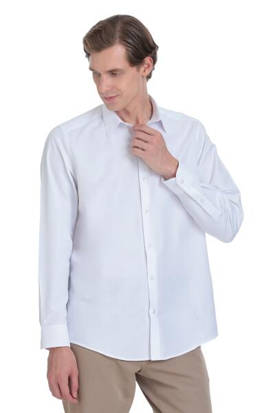 Beyaz Klasik Fit Slim Yaka Pamuklu Uzun Kollu Gömlek - 5