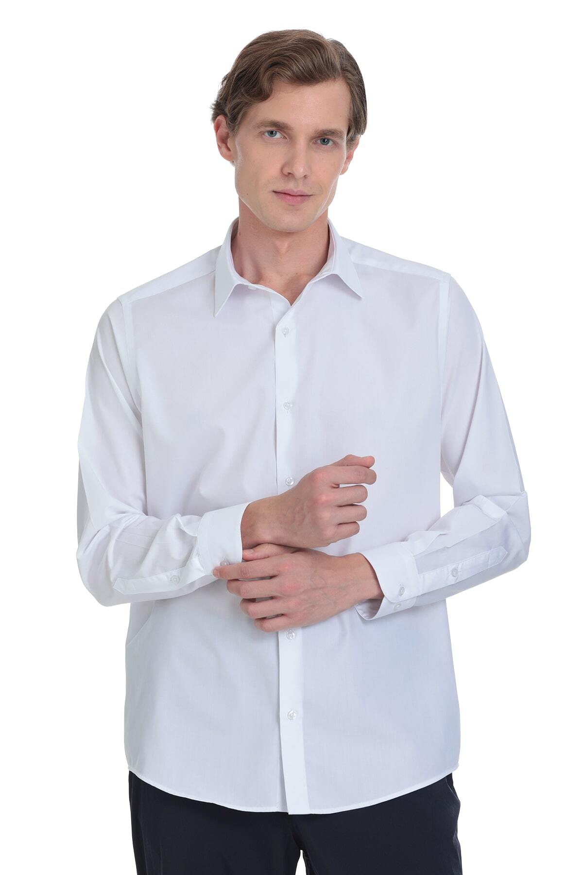 Beyaz Klasik Fit Slim Yaka Pamuklu Uzun Kollu Gömlek - 3