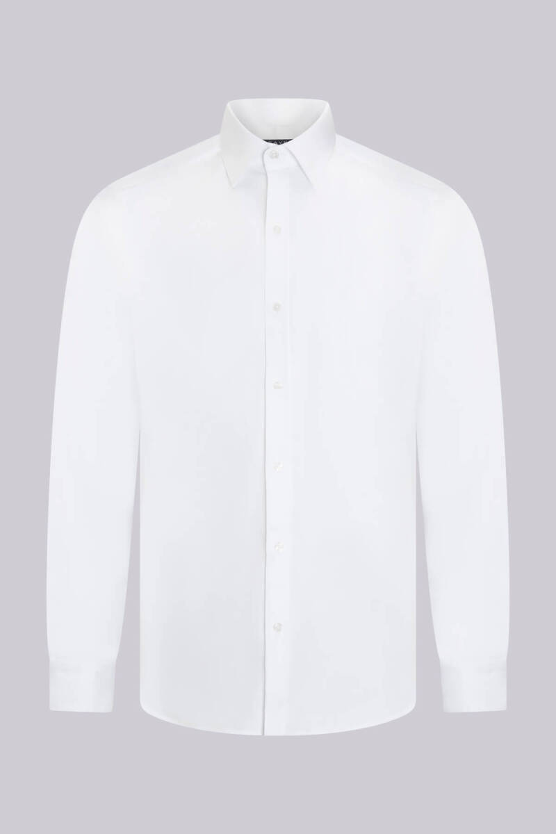 Beyaz Klasik Fit Slim Yaka Pamuklu Uzun Kollu Saten Gömlek - Saykı