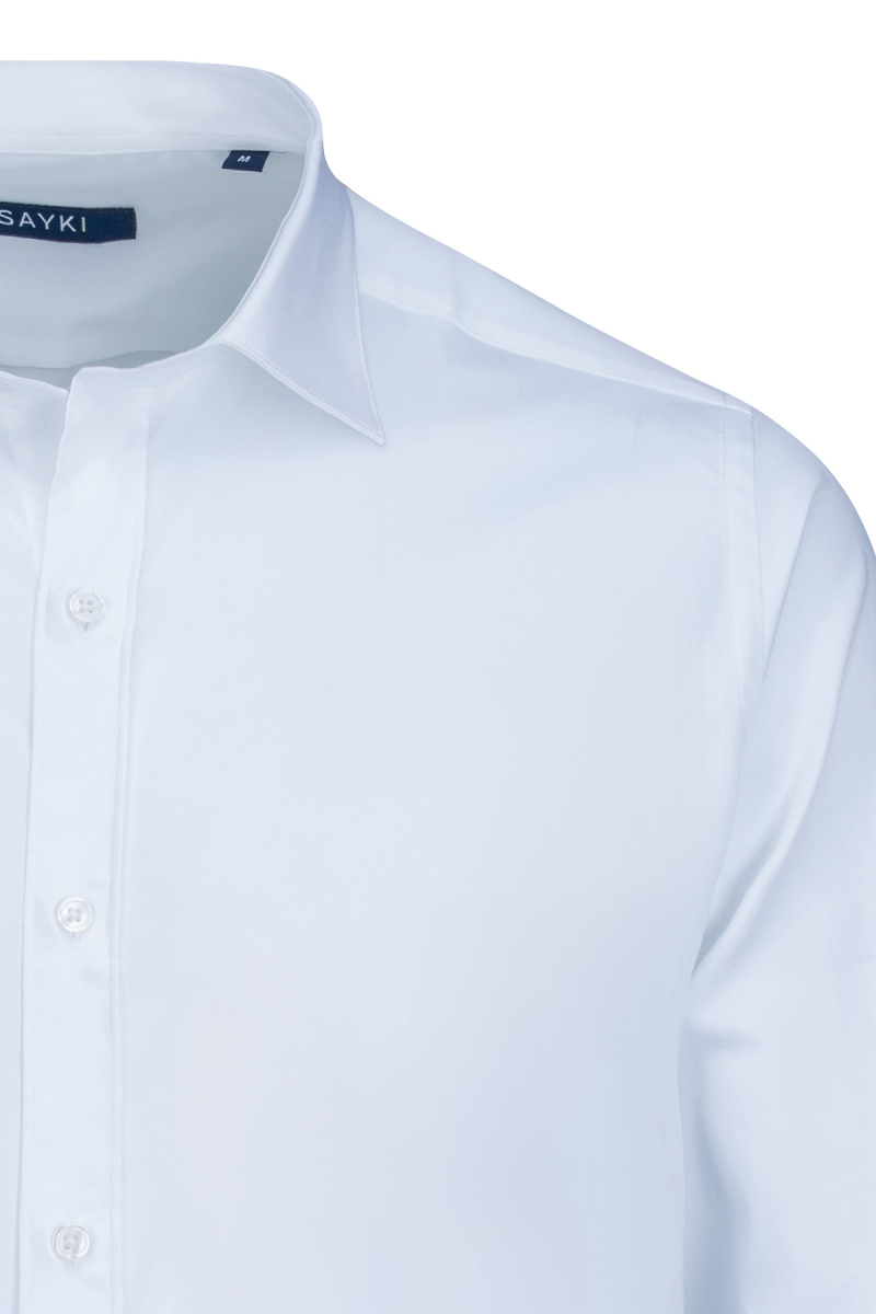 Beyaz Klasik Fit Slim Yaka Uzun Kollu Pamuklu Saten Gömlek - Saykı (1)