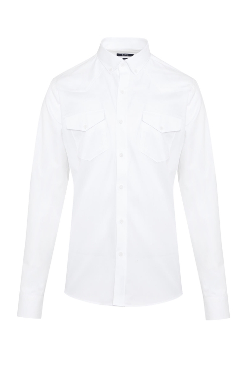 Hatem Saykı - Beyaz Comfort Fit Düz 100% Pamuk Düğmeli Yaka Uzun Kollu Casual Gömlek