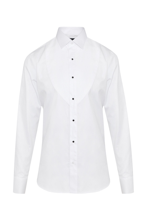 Hatem Saykı - Beyaz Comfort Fit Düz 100% Pamuk Ata Yaka Manşetli Uzun Kol Saten Damatlık Gömlek