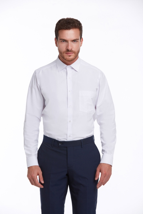 Beyaz Comfort Fit Düz Pamuklu Slim Yaka Uzun Kollu Klasik Gömlek - Thumbnail (2)