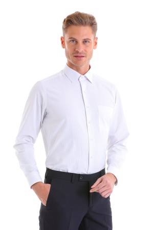 Beyaz Regular Fit Çizgili Pamuklu Slim Yaka Uzun Kollu Klasik Gömlek - Thumbnail