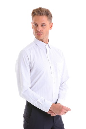 Beyaz Regular Fit Çizgili Pamuklu Slim Yaka Uzun Kollu Klasik Gömlek - Thumbnail