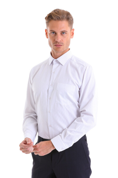 Lila Regular Fit Çizgili Pamuklu Slim Yaka Uzun Kollu Klasik Gömlek - 4