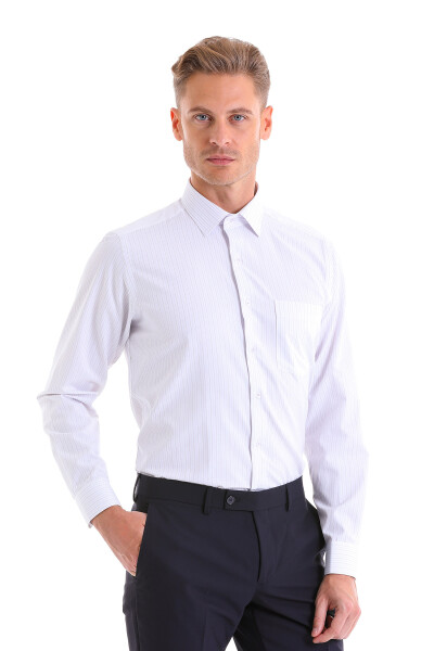 Lila Regular Fit Çizgili Pamuklu Slim Yaka Uzun Kollu Klasik Gömlek - 6