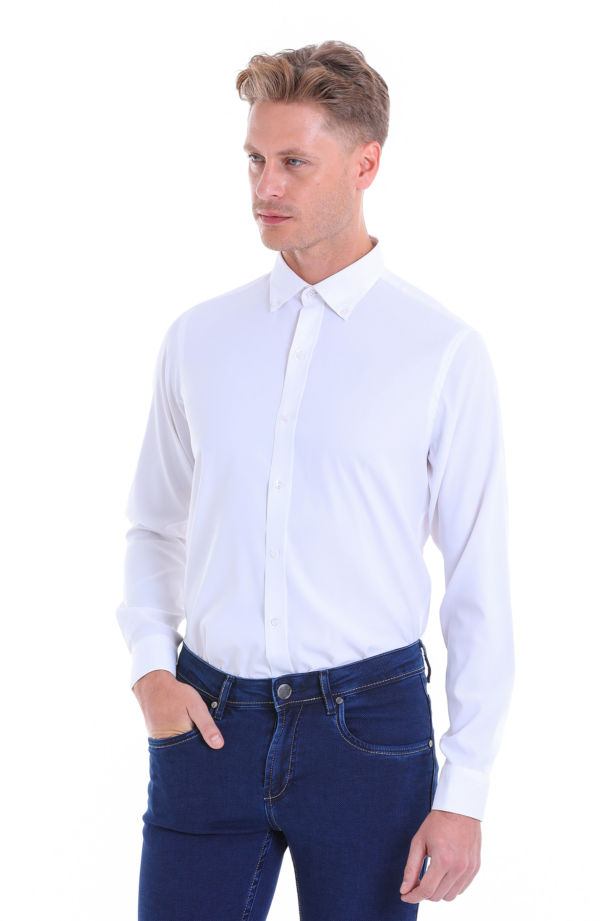 Beyaz Comfort Fit Düz Slim Yaka Uzun Kollu Casual Travel Gömlek