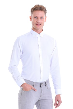 Beyaz Comfort Fit Düz Pamuklu Düğmeli Yaka Uzun Kollu Casual Gömlek - Thumbnail
