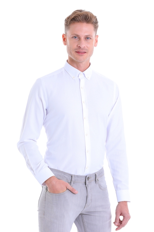 HTML - Beyaz Comfort Fit Düz Pamuklu Düğmeli Yaka Uzun Kollu Casual Gömlek