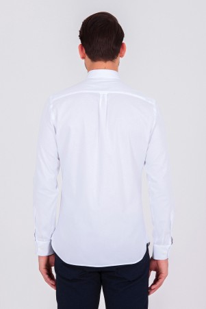 Beyaz Slim Fit Düz 100% Pamuk Uzun Kol Spor Gömlek - Thumbnail