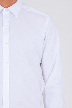 Beyaz Slim Fit Düz 100% Pamuk Uzun Kol Spor Gömlek - Thumbnail