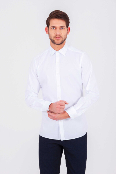 Beyaz Slim Fit 100% Pamuk Uzun Kol Spor Gömlek 
