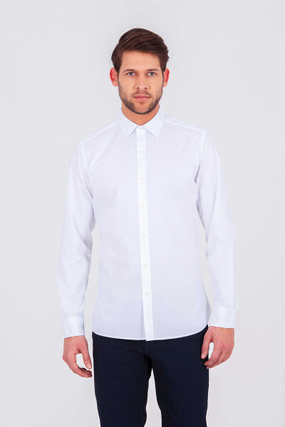 Beyaz Slim Fit 100% Pamuk Uzun Kol Spor Gömlek - 3