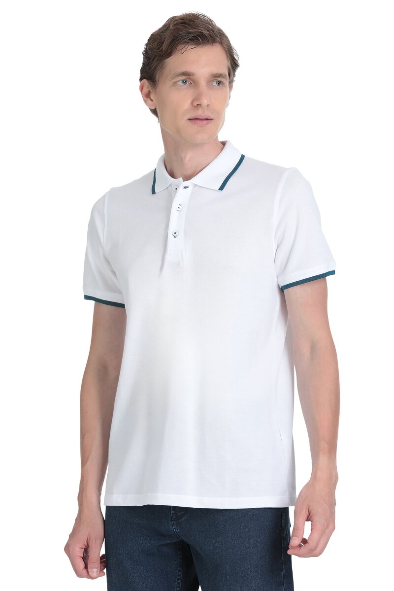 Beyaz Regular Fit 100% Pamuk Polo Yaka Rayon Tişört - Saykı