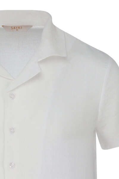 Beyaz Regular Fit Apaş Yaka Keten Gömlek - 2