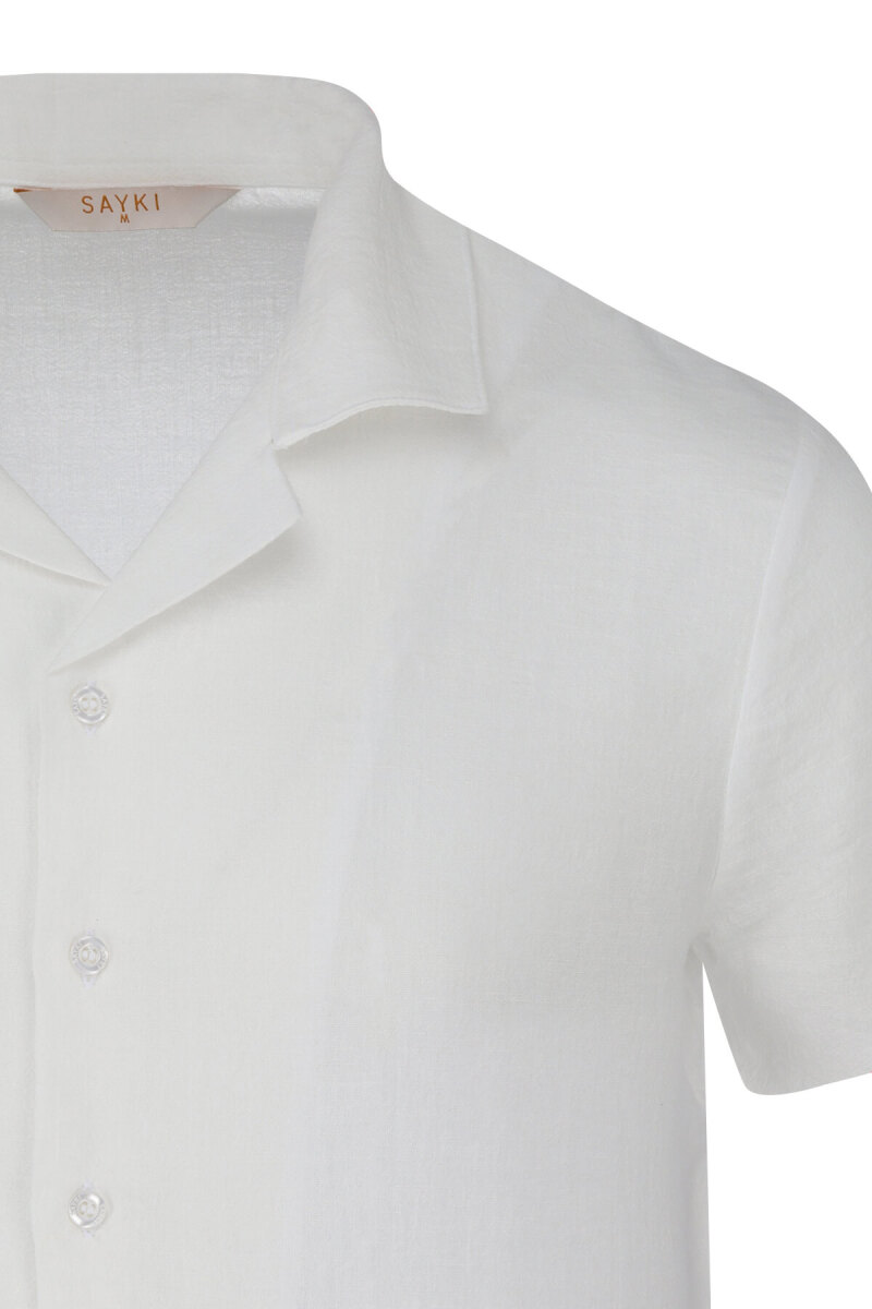 Beyaz Regular Fit Apaş Yaka Keten Gömlek - Saykı (1)