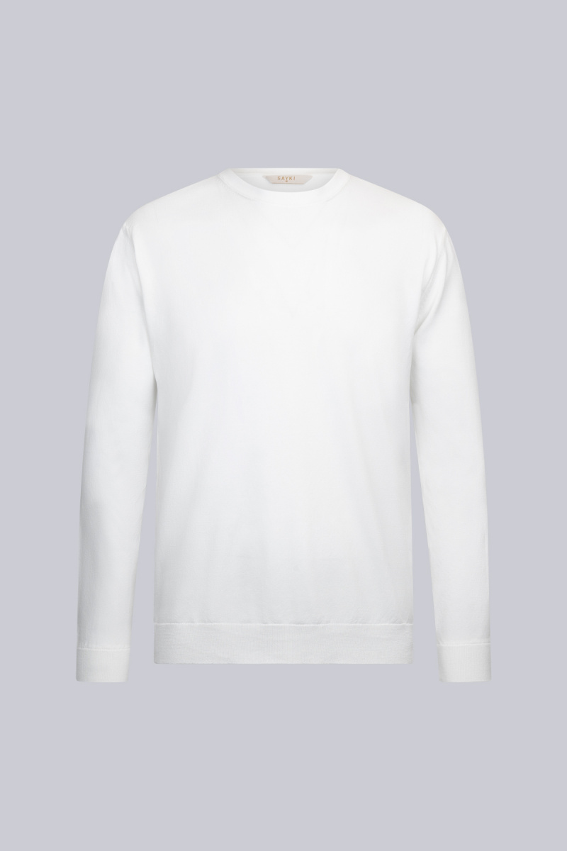 Beyaz Regular Fit Bisiklet Yaka Rayon Triko Kazak - Hatem Saykı