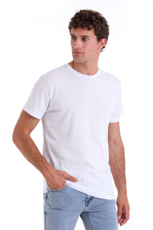 HTML - Beyaz Regular Fit Desenli 100% Pamuk Bisiklet Yaka Tişört