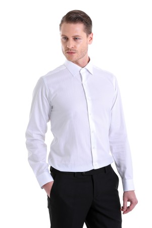 Beyaz Regular Fit Desenli 100% Pamuk Slim Yaka Uzun Kollu Klasik Gömlek - Thumbnail
