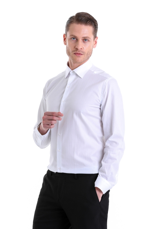 Beyaz Regular Fit Desenli 100% Pamuk Slim Yaka Uzun Kollu Klasik Gömlek - Thumbnail (2)