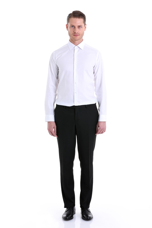 Beyaz Regular Fit Desenli 100% Pamuk Slim Yaka Uzun Kollu Klasik Gömlek - Thumbnail (3)