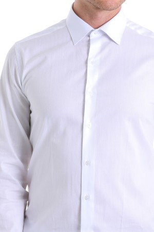 Beyaz Regular Fit Desenli 100% Pamuk Slim Yaka Uzun Kollu Klasik Gömlek - Thumbnail