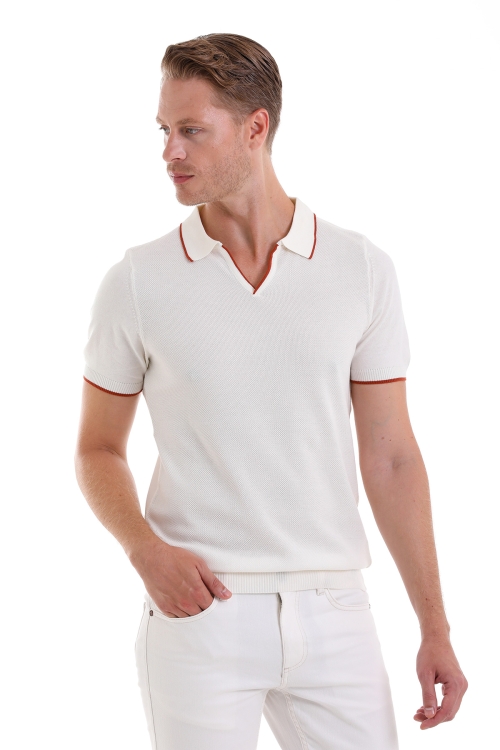 Hatem Saykı - Beyaz Regular Fit Desenli Pamuklu Polo Yaka Casual Tişört