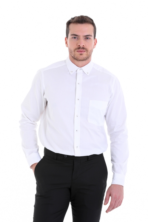 Hatem Saykı - Beyaz Regular Fit Düz 100% Pamuk Düğmeli Yaka Uzun Kollu Casual Gömlek