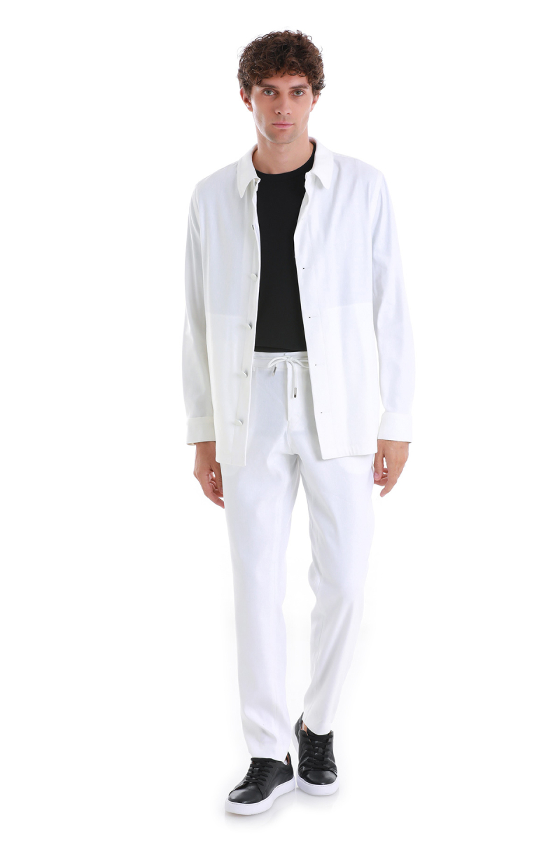 Beyaz Regular Fit Mono Yaka Keten Overshirt Spor Takım - HTML