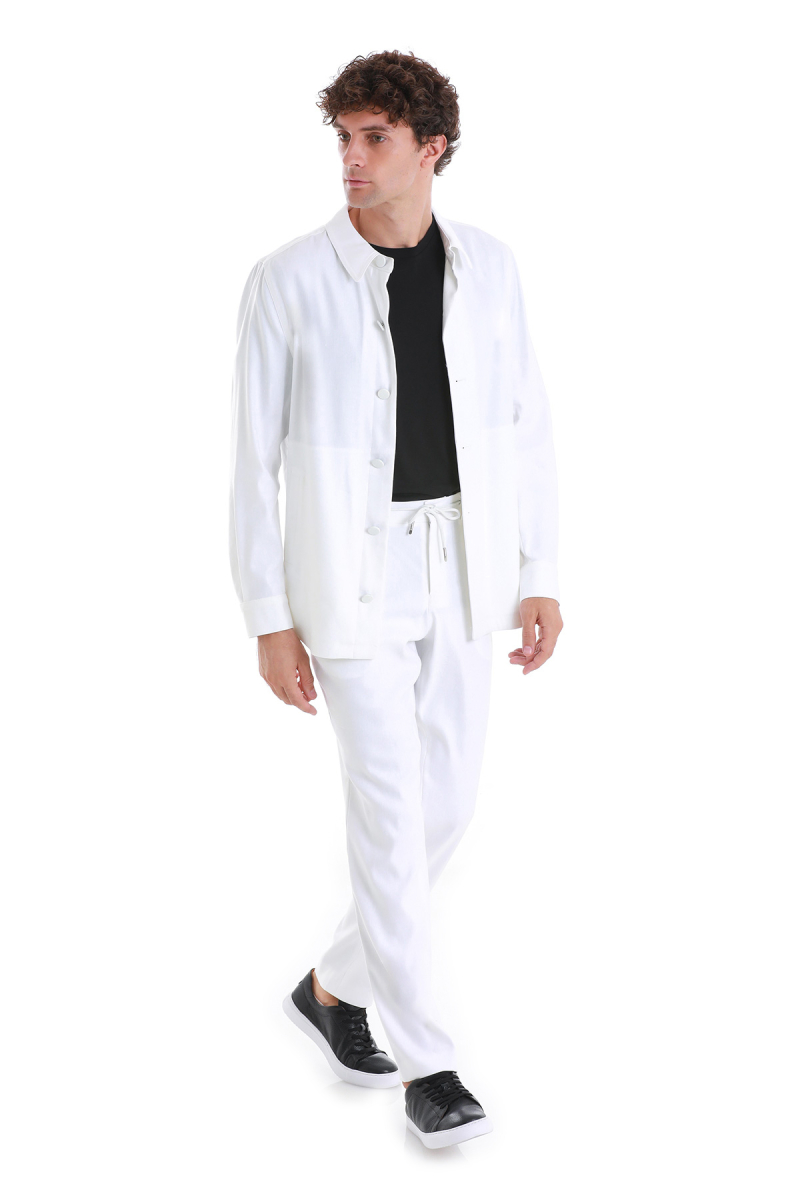 Beyaz Regular Fit Mono Yaka Keten Overshirt Spor Takım - HTML (1)