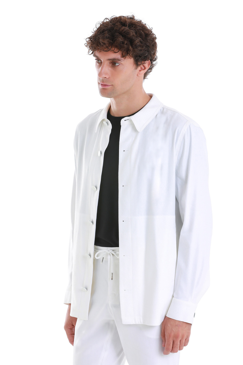 Beyaz Regular Fit Mono Yaka Keten Overshirt Spor Takım - HTML (1)