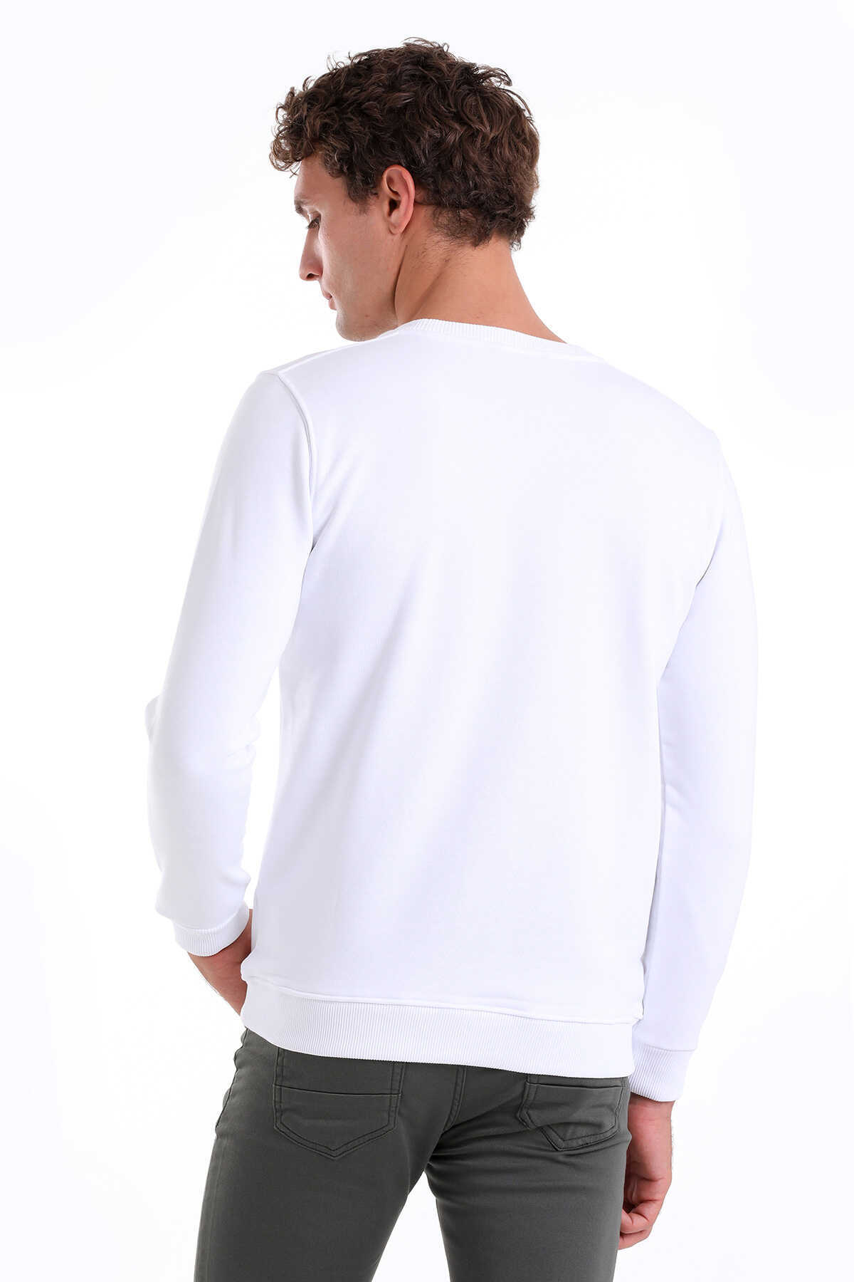 Beyaz Regular Fit Düz Pamuklu Bisiklet Yaka Sweatshirt - 6