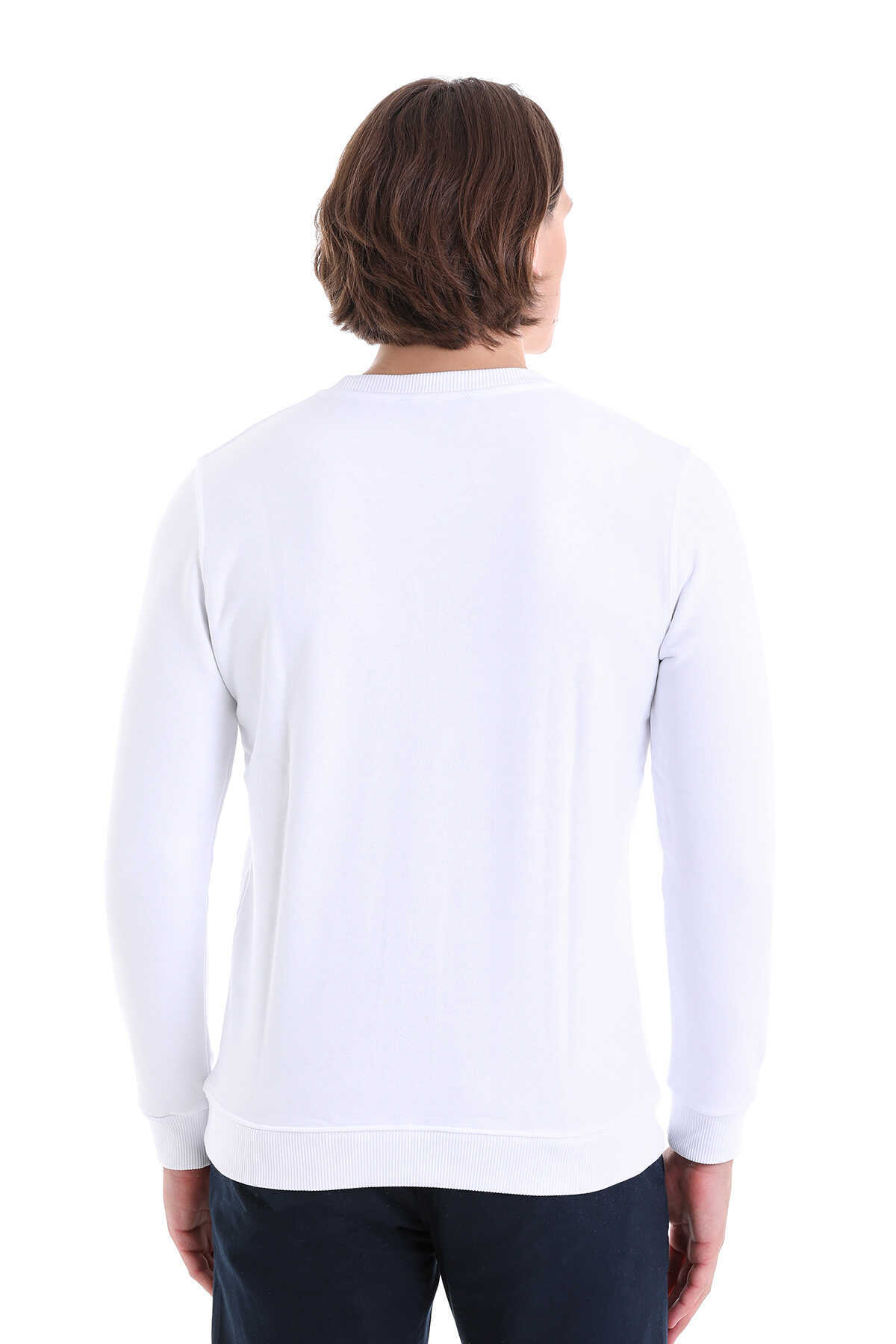 Beyaz Regular Fit Düz Pamuklu Bisiklet Yaka Sweatshirt - 12