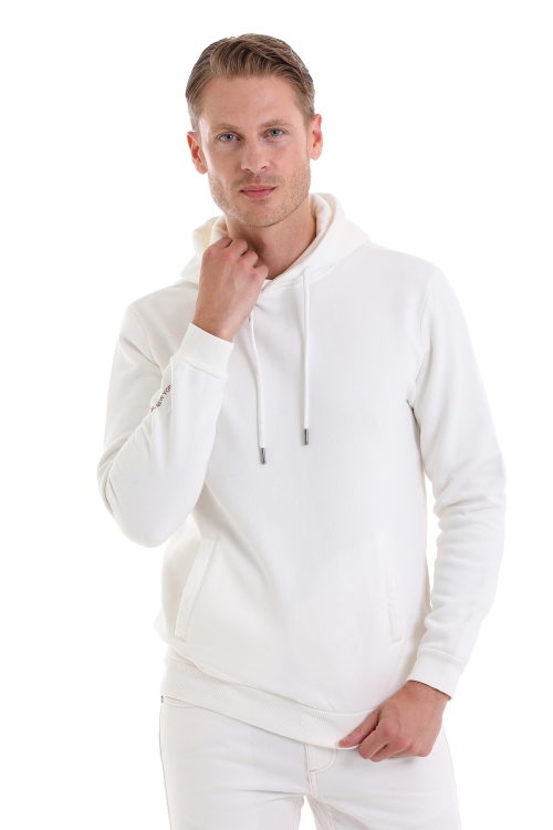 HTML - Beyaz Regular Fit Düz Pamuklu Kapüşonlu Kanguru Cepli Sweatshirt
