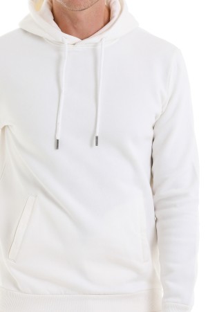 Beyaz Regular Fit Düz Pamuklu Kapüşonlu Kanguru Cepli Sweatshirt - Thumbnail